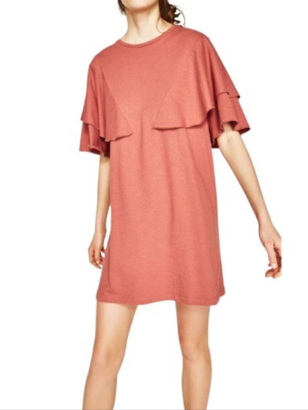 Very J Orange-Brown Short Knit Dress Solid Ruffle Draped Casual Cotton Blend